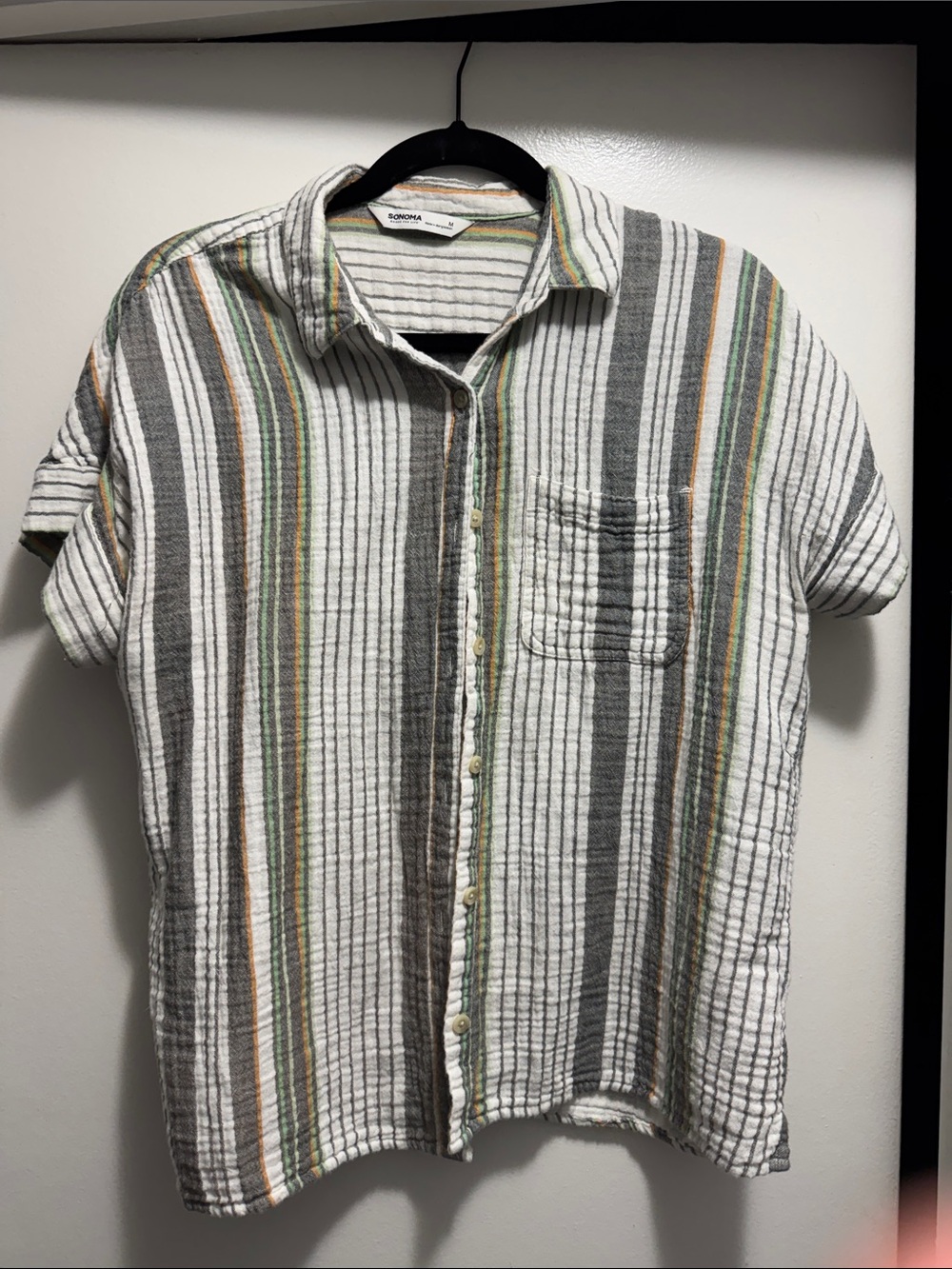 Sonoma Short-Sleeve Button-Down Shirt - White, Gray, Green & Tan Stripes